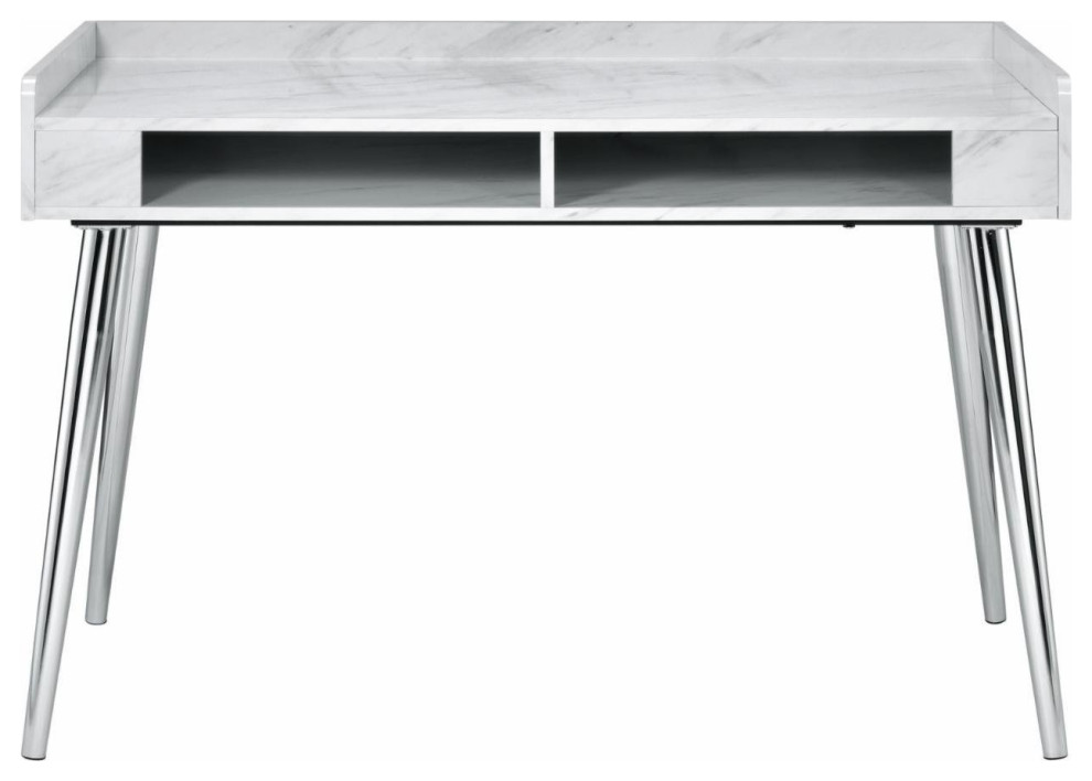 Mid Century Desk, Chrome Legs & White Faux Leather Top With 2 Open