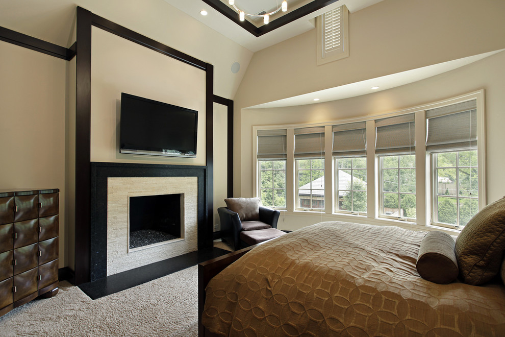 Mid-sized modern guest bedroom in Denver with grey walls and dark hardwood floors.