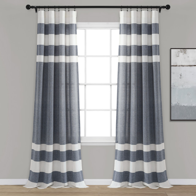Cape Cod Stripe Yarn Dyed Cotton Window Curtain Panels Navy 40X84 Set, 84" x 40" Contemporary