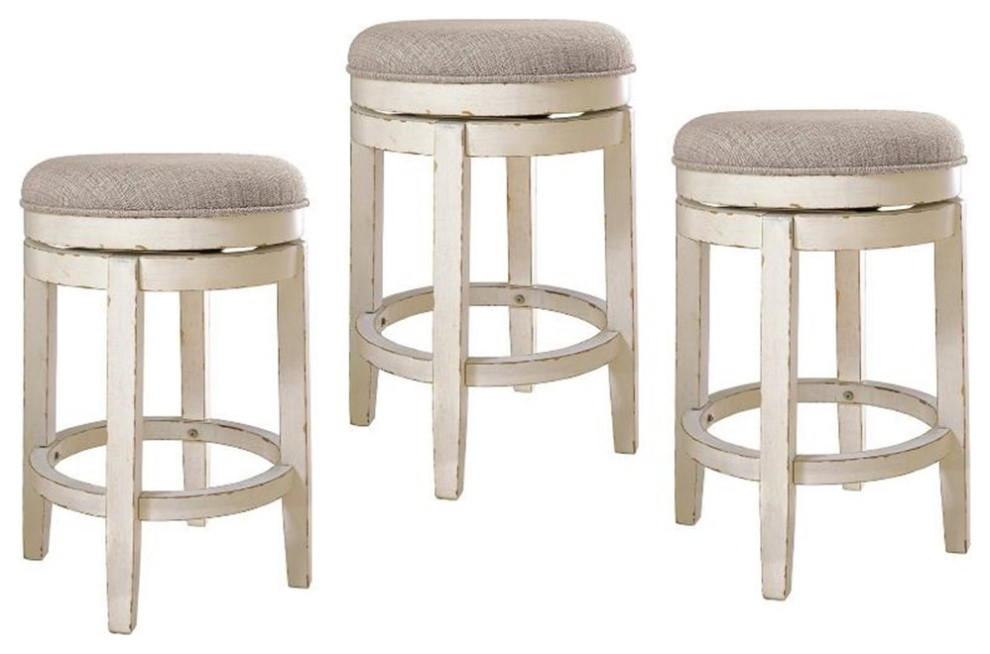 Home Square 3 Piece 26" Height Upholstered Swivel Bar Stool Set in Chipped White