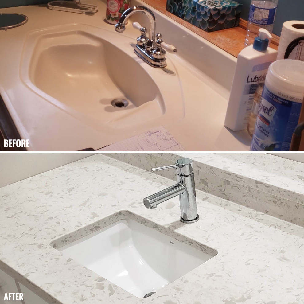 Alcove bathtub - small transitional 3/4 porcelain tile, gray floor and single-sink alcove bathtub idea with shaker cabinets, white cabinets, a one-piece toilet, beige walls, an undermount sink, quartzite countertops, multicolored countertops and a freestanding vanity