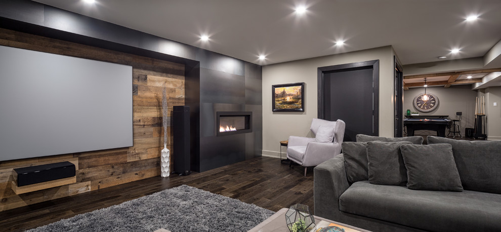 Design ideas for a contemporary home theatre in Ottawa with dark hardwood floors and brown floor.
