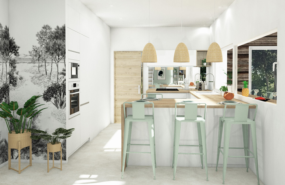 Inspiration pour une cuisine ouverte blanche et bois marine en U de taille moyenne avec un évier 1 bac, une crédence miroir, sol en béton ciré et fenêtre au-dessus de l'évier.