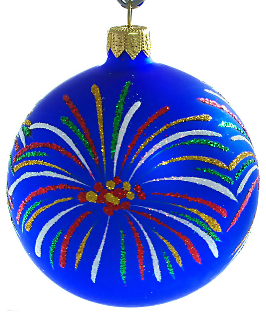 inchFireworksinch Hand Painted Glass Christmas Ornament (Blue