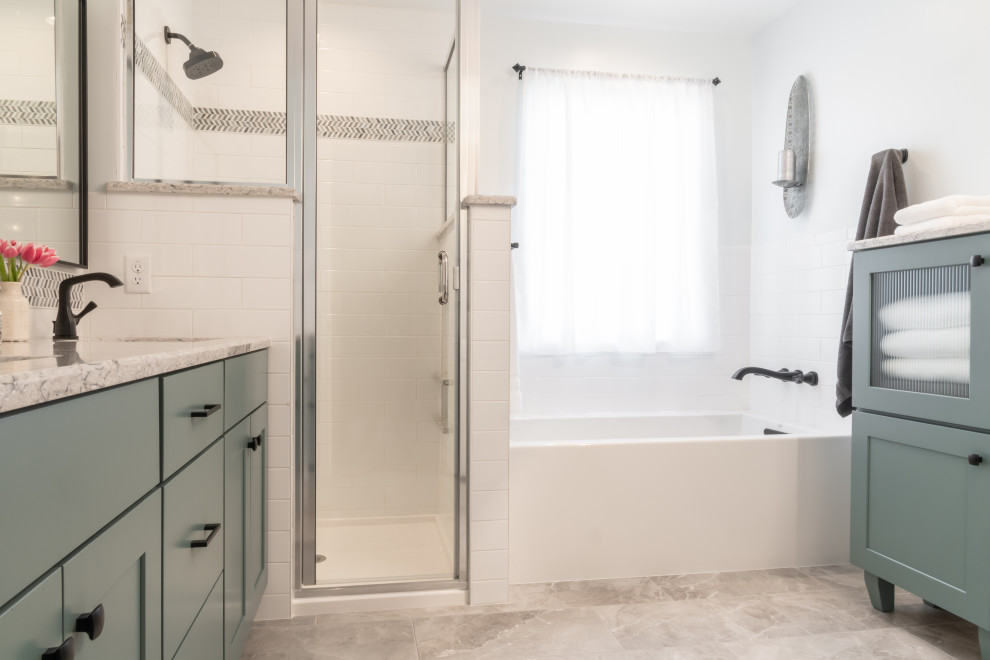 Design ideas for a large country master bathroom in St Louis with shaker cabinets, green cabinets, an alcove tub, an alcove shower, white tile, subway tile, white walls, porcelain floors, an undermount sink, engineered quartz benchtops, beige floor, a hinged shower door, white benchtops, a double vanity and a built-in vanity.