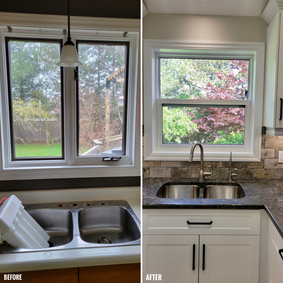 Example of a transitional u-shaped open concept kitchen design with an undermount sink, recessed-panel cabinets, white cabinets, multicolored backsplash, stone tile backsplash, stainless steel appliances and a peninsula