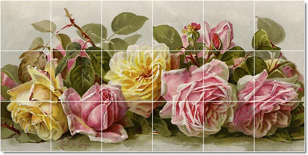 Paul De Longpre Flowers Painting Ceramic Tile Mural #251, 72"x36"