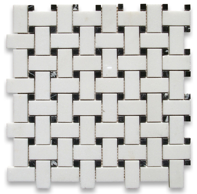 12 X12 Thos White Basketweave Mosaic Black Dots Polished Chip 12 X12 Thos White Basketweave Mosaic Black Dots Polished Chip Size