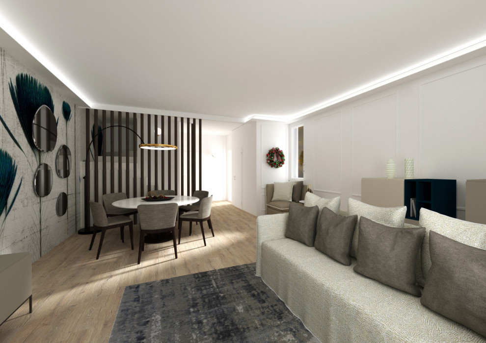 This is an example of a mid-sized contemporary formal open concept living room in Milan with white walls, porcelain floors, a wall-mounted tv, beige floor, recessed and decorative wall panelling.