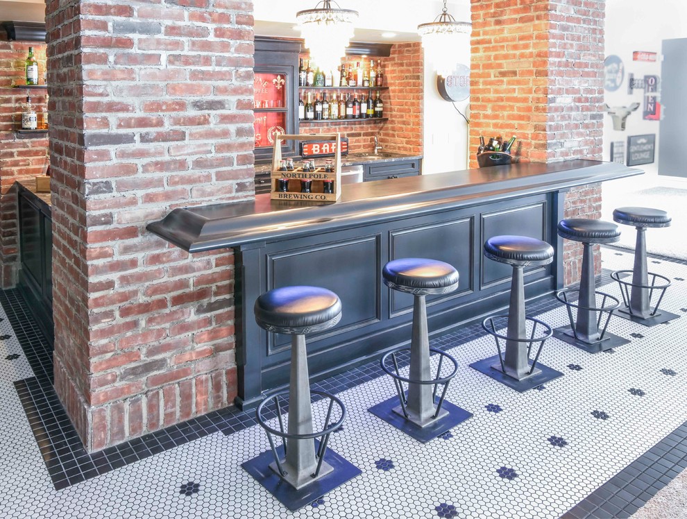 Inspiration for a mid-sized u-shaped wet bar in Calgary with shaker cabinets, black cabinets, marble benchtops, red splashback, brick splashback, ceramic floors and multi-coloured floor.