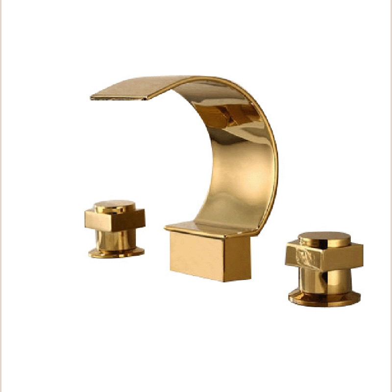 Two Handles Waterfall Bathroom Sink Faucet Widespread Mixer Tap in Brushed Gold 