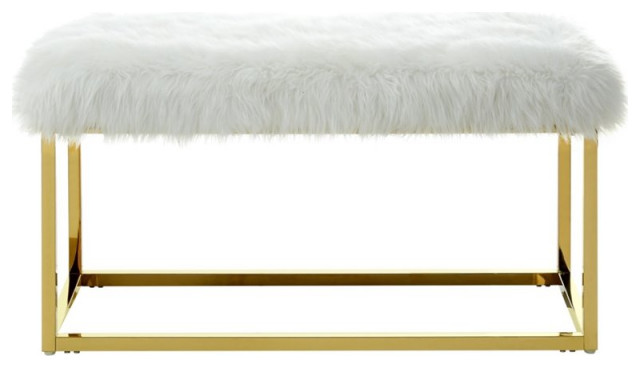 Posh Bench Posh Living Joseph Faux Fur Fabric Bench in Gray/Chrome - Contemporary ...
