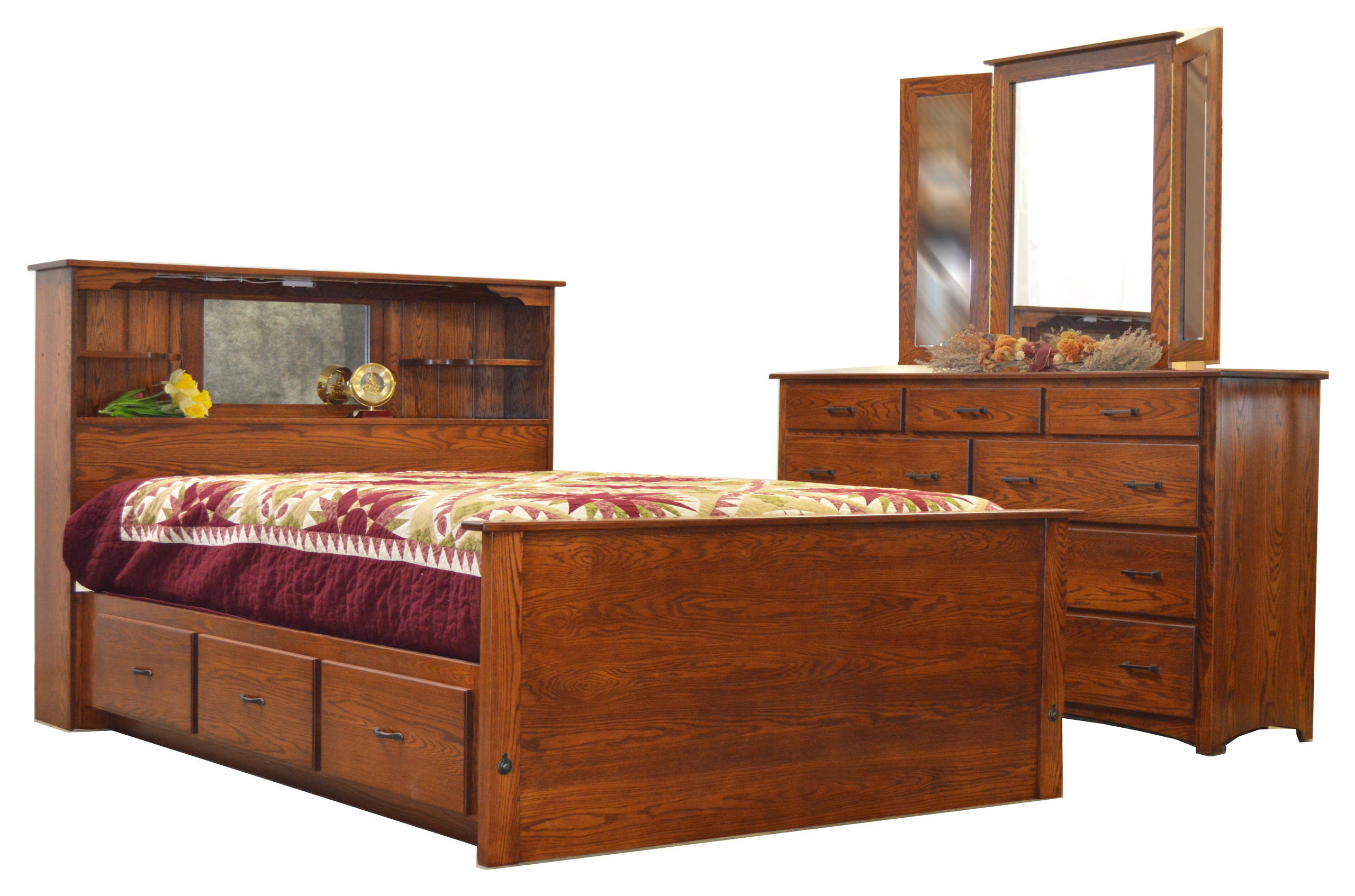 bookcase bed with open shelving, drawer platform