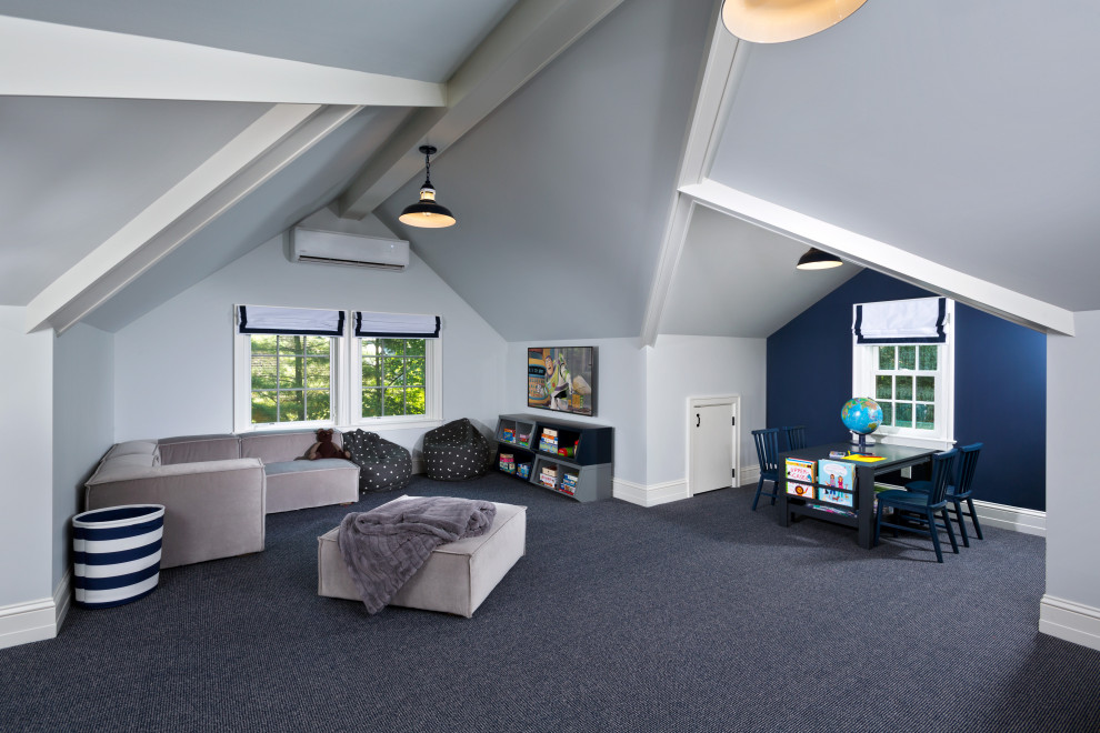 Design ideas for a large traditional gender-neutral kids' playroom for kids 4-10 years old in Boston with blue walls, carpet, blue floor and vaulted.