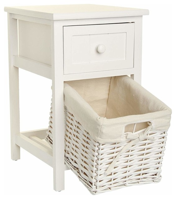 Bedside Table, White Finished MDF With Wicker Storage Basket and Drawer
