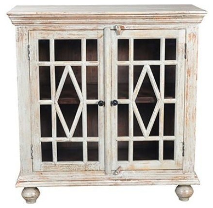 Wicent 2 Glass Door Cabinet White Antique Finish Farmhouse