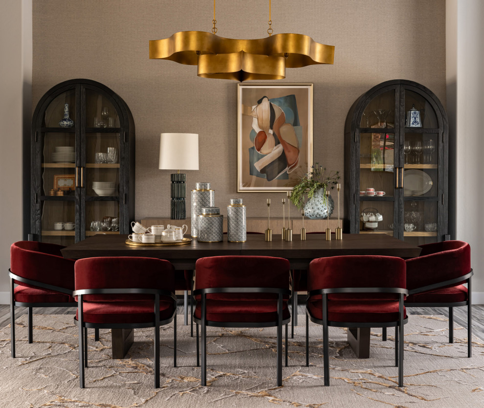 Mid-sized transitional porcelain tile, gray floor and wallpaper ceiling enclosed dining room photo in Phoenix with gray walls