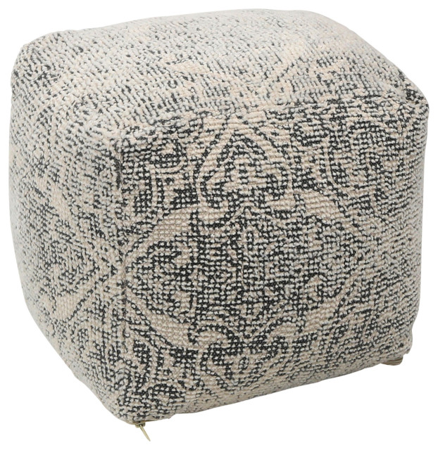 Maison Cotton and Wool Blend Upholstered Pouf, Ivory and Charcoal