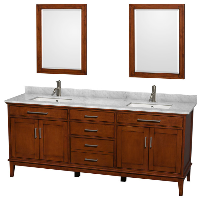 Hatton 80" Light Chestnut Double Vanity, White Carrera Marble Top, Square Sink