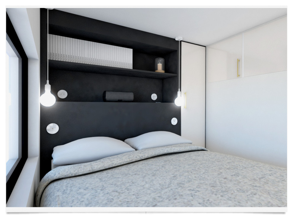 Kleines Modernes Schlafzimmer im Loft-Style mit schwarzer Wandfarbe und hellem Holzboden in Paris