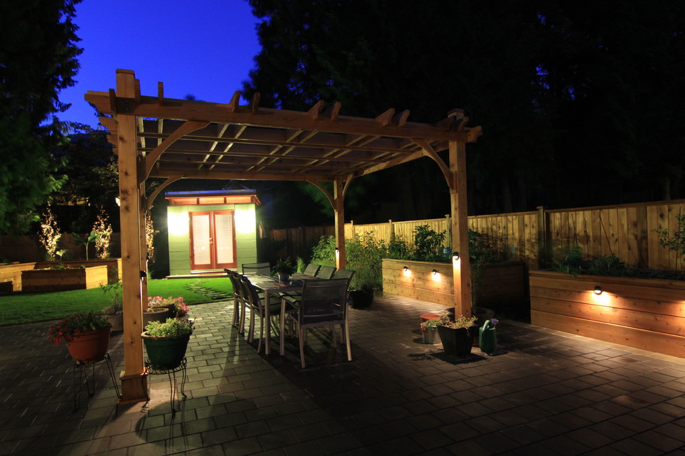 Photo of a large contemporary backyard patio in Vancouver with a vegetable garden and concrete pavers.