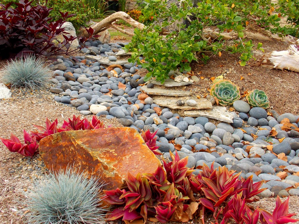 This is an example of an eclectic front yard xeriscape in Orange County with concrete pavers.