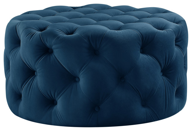 Sidney Round Cocktail Ottoman, Allover Tufted, Castered Legs, Velvet, Navy