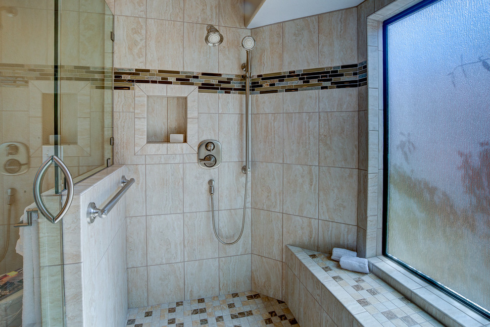 Large traditional master bathroom in Los Angeles with an undermount sink, granite benchtops, a double shower, a two-piece toilet, brown tile, ceramic tile, brown walls, ceramic floors, brown floor, a hinged shower door, raised-panel cabinets and medium wood cabinets.
