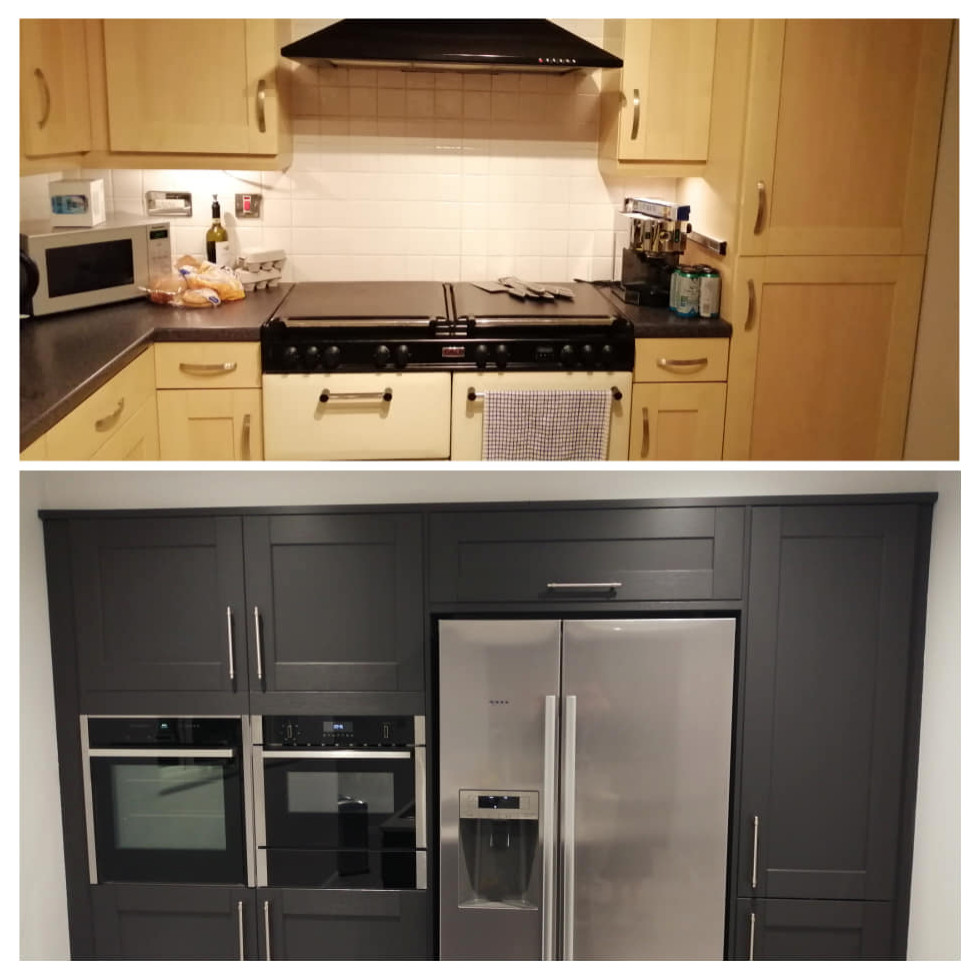 This is an example of a medium sized contemporary kitchen/diner in Other with a belfast sink, shaker cabinets, grey cabinets, composite countertops, black appliances, vinyl flooring, grey floors and grey worktops.