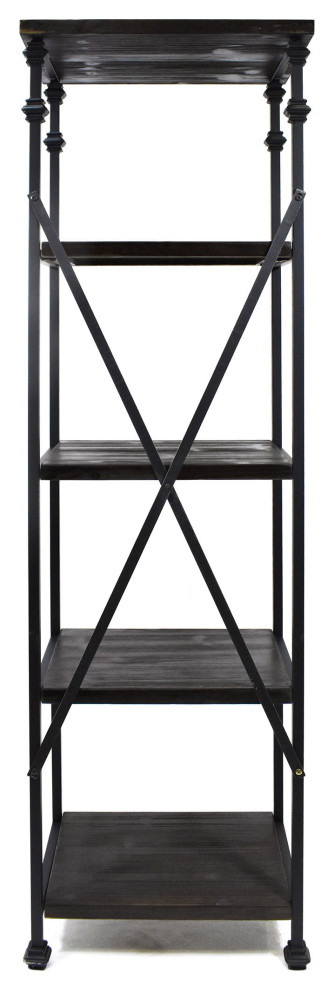 Annabelle Industrial Four Shelf Bookcase, Black Finish, Dark Walnut Finish