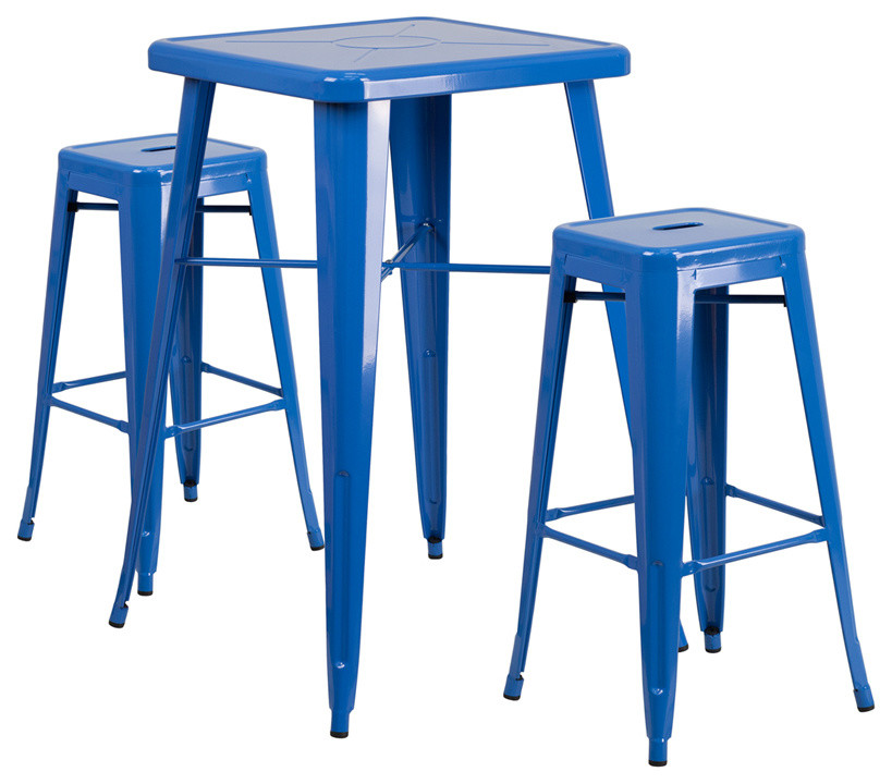 23.75" Blue Metal Bar 3-Piece Table Set With 2 Seat Backless Stools