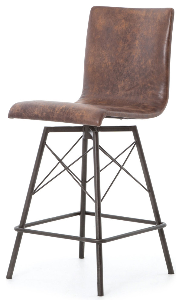 Diaw Industrial Iron and Distressed Leather Swivel Counterstool