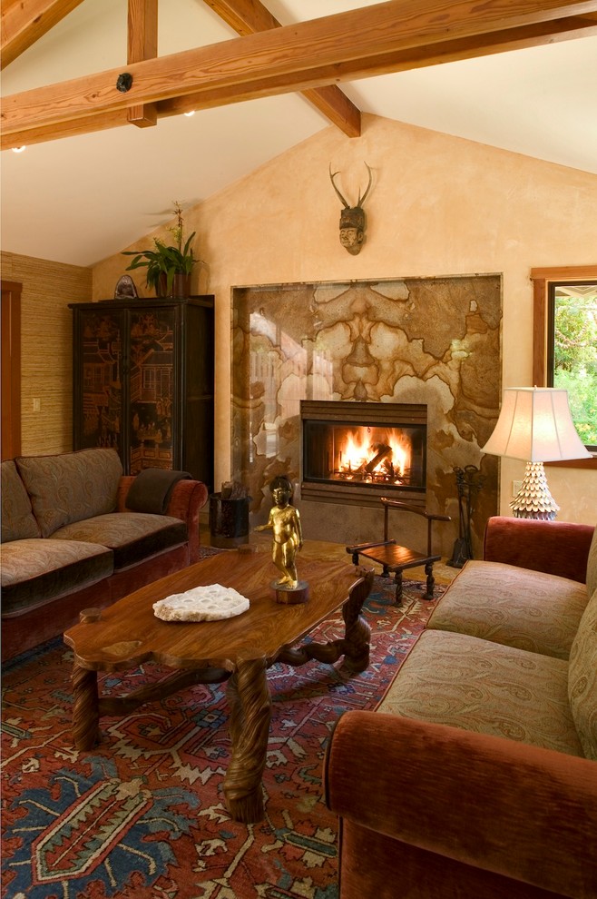 Mid-sized asian open concept living room in San Francisco with beige walls, a standard fireplace and a stone fireplace surround.