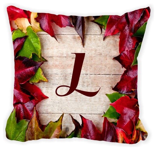 Letter Linitial Rustic Fall Leaves On Wood Microfiber Throw Pillow Letter Linitial Rustic Fall Leaves On Wood Microfiber Throw Pillow With Fill