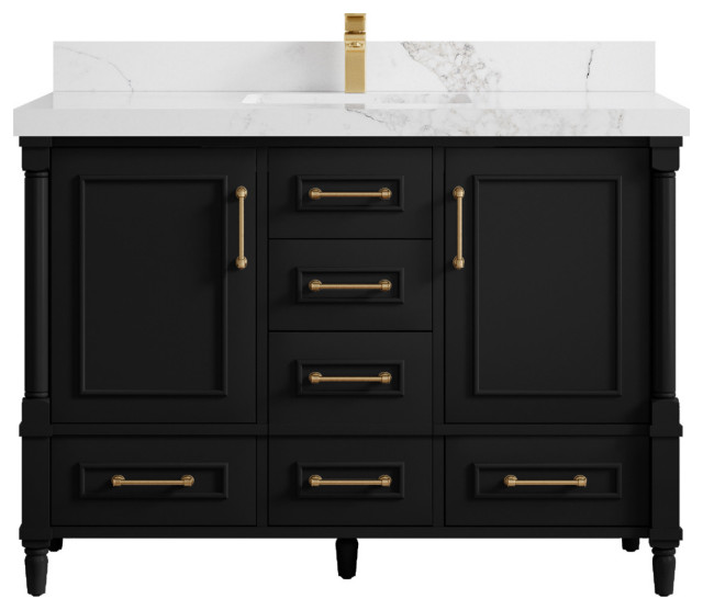 Aberdeen 48 Single Sink Bath Vanity Black 2" Calacatta Nuvo Transitional Bathroom Vanities