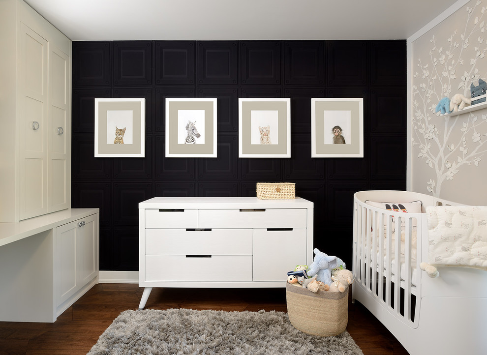 Design ideas for a mid-sized transitional gender-neutral nursery in Toronto with black walls and dark hardwood floors.