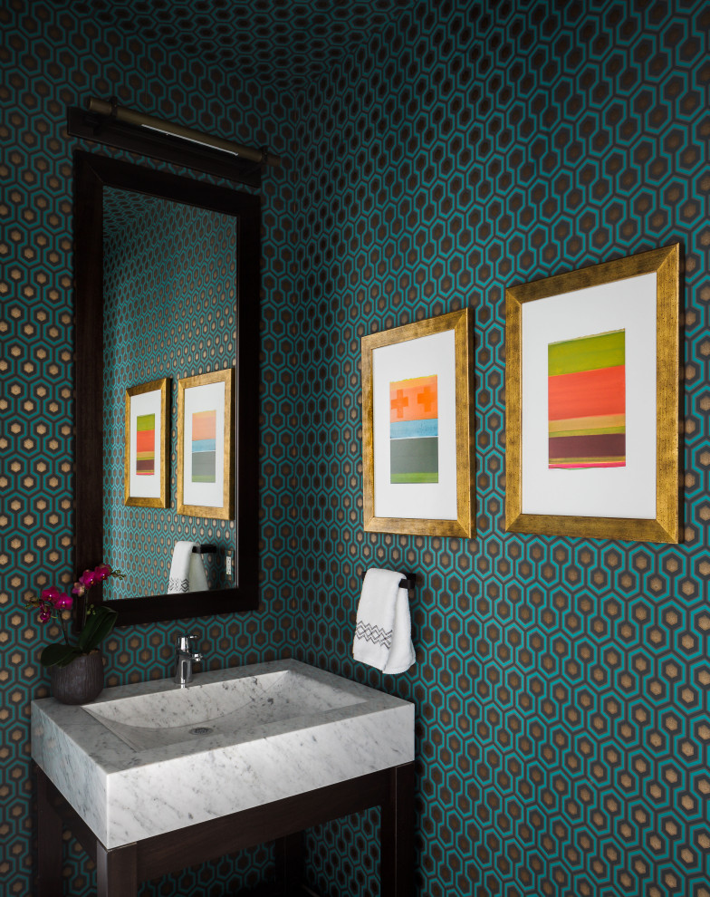 Photo of a contemporary powder room in Boston with open cabinets, dark wood cabinets, multi-coloured walls, a console sink, a freestanding vanity, wallpaper and wallpaper.
