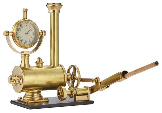 Vintage Style Steam Engine Clock Desk Set Pencil Holder Gold Vintage Style Steam Engine Clock Desk