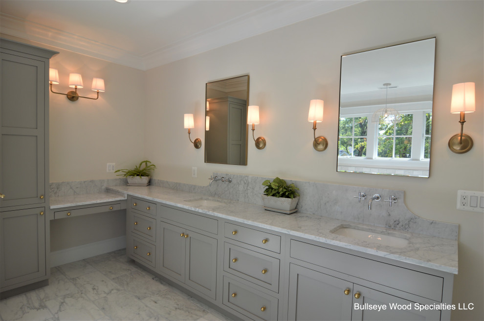 Example of a huge transitional double-sink freestanding bathtub design in DC Metro with shaker cabinets, gray cabinets, an undermount sink, marble countertops, gray countertops and a built-in vanity