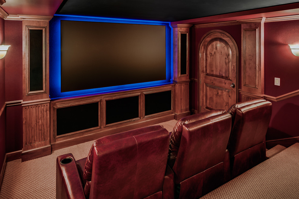 Photo of a traditional home theatre in Portland Maine.