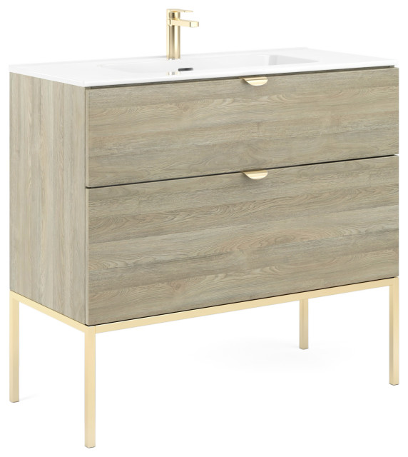 Aspen 40" Bathroom Vanity With Sink, Toasted Oak, Glossy Gold ...