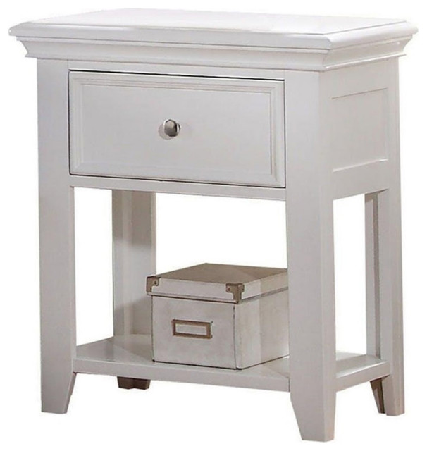 Nightstand with 1 Drawer and Shelf, White Transitional Nightstands