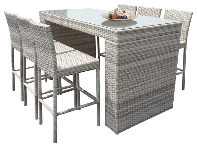 New Haven Outdoor Wicker Bar Table and Stools, 7-Piece Set - Tropical