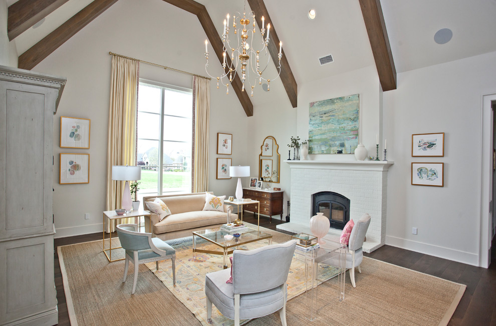 Mid-sized transitional formal and enclosed dark wood floor and brown floor living room photo in Other with white walls, a standard fireplace, a brick fireplace and no tv