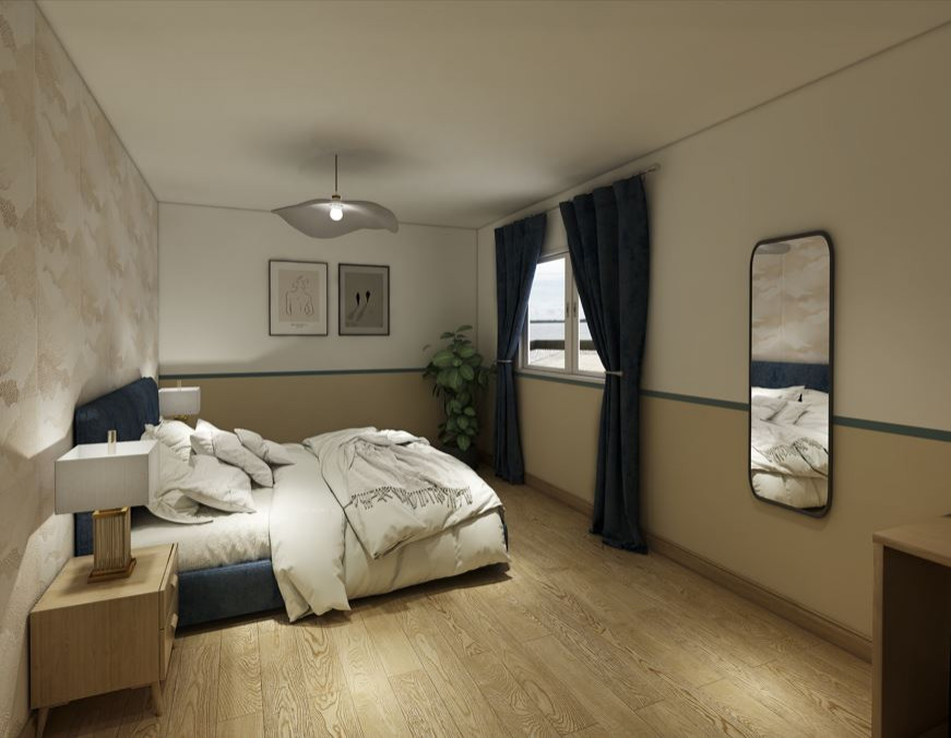 This is an example of a mid-sized scandinavian guest bedroom in Le Havre with light hardwood floors, wallpaper, beige floor, beige walls and no fireplace.