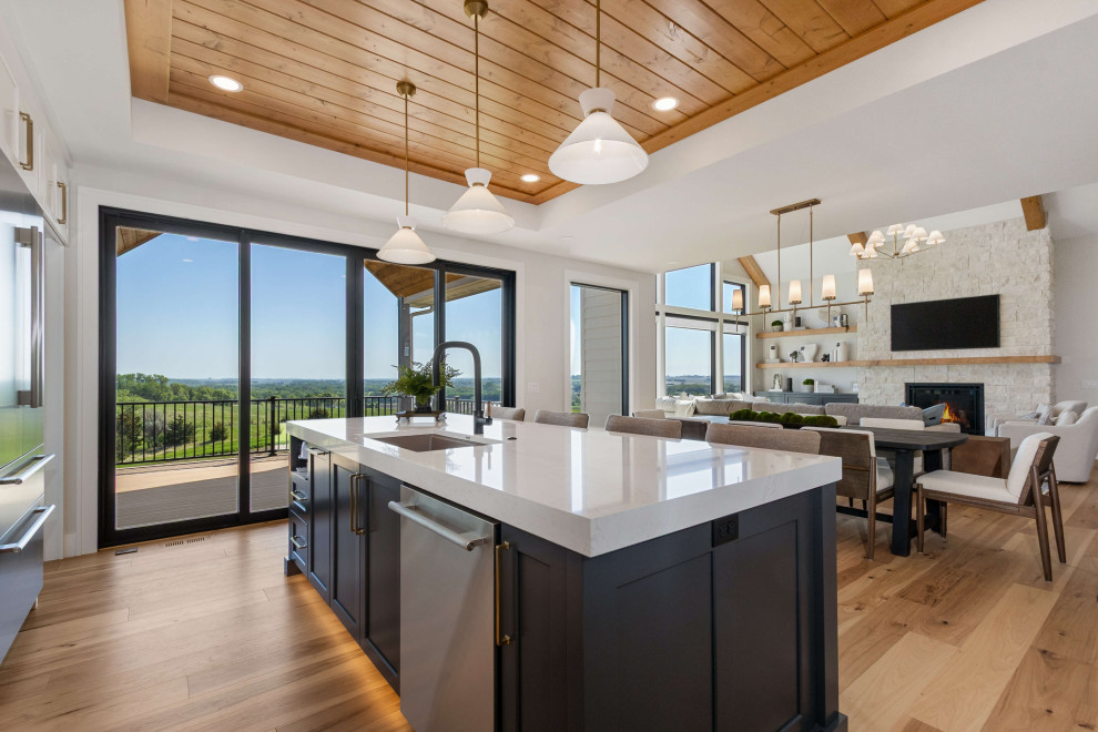 Inspiration for a mid-sized transitional single-wall medium tone wood floor, brown floor and tray ceiling eat-in kitchen remodel with an undermount sink, shaker cabinets, black cabinets, quartz countertops, white backsplash, quartz backsplash, stainless steel appliances, an island and white countertops