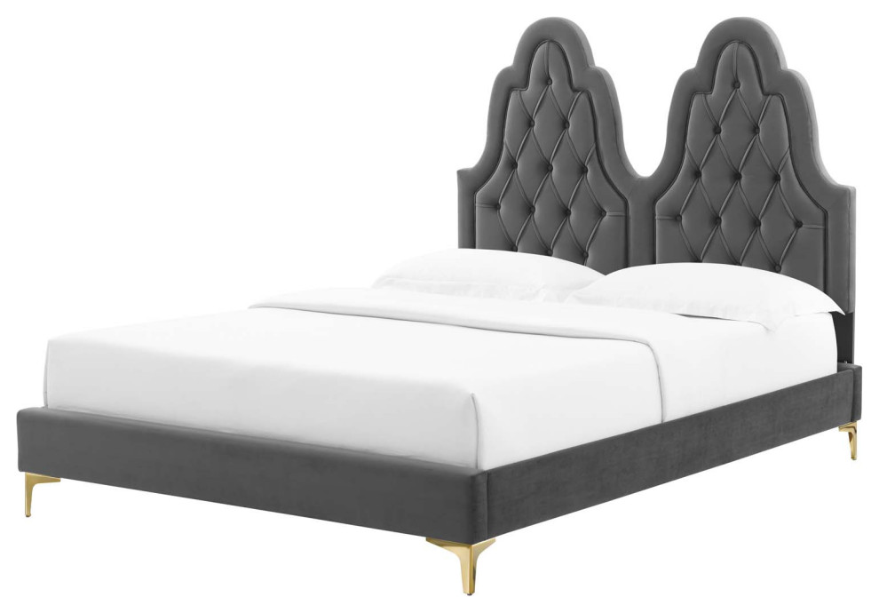 Tufted Platform Bed Frame, Full Size, Velvet, Gray, Modern Contemporary