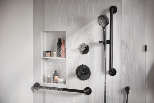 sproos! Lookin' Good Shower System, 5-In. Handheld Shower Head, Mirror,  Shelf, Cup, Black