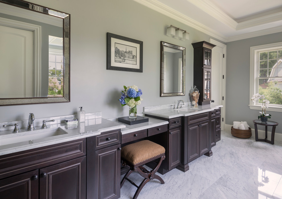Design ideas for a large traditional master bathroom in Providence with raised-panel cabinets, dark wood cabinets, ceramic floors, granite benchtops, grey walls and an undermount sink.