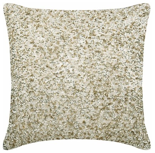 Ivory Decorative Pillow Cover, Gold and Silver Sequins 18"x18" Silk, Arzoo